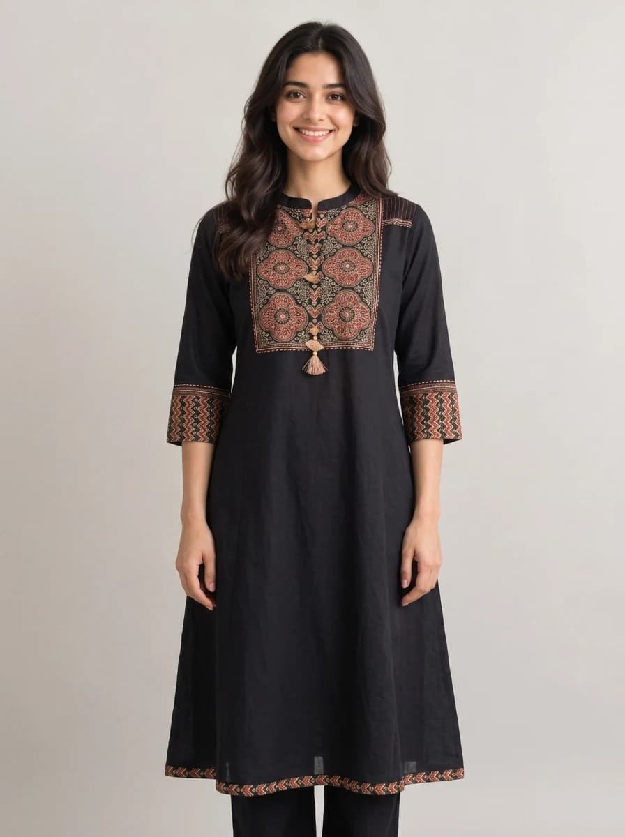 The same shopper wearing an embroidered black kurta, generated from her photo