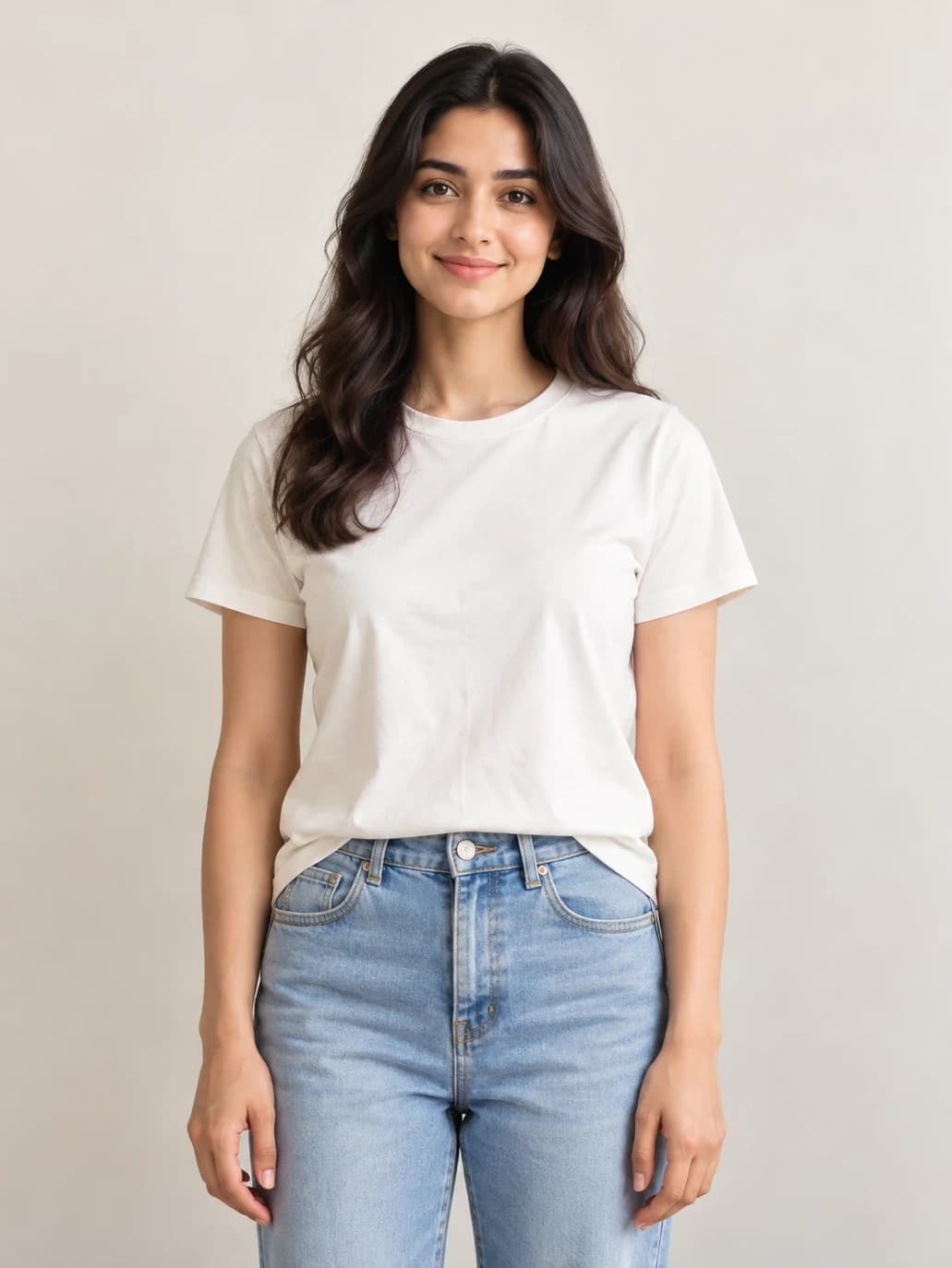 The single photo the shopper uploaded, standing in a plain white t-shirt and jeans