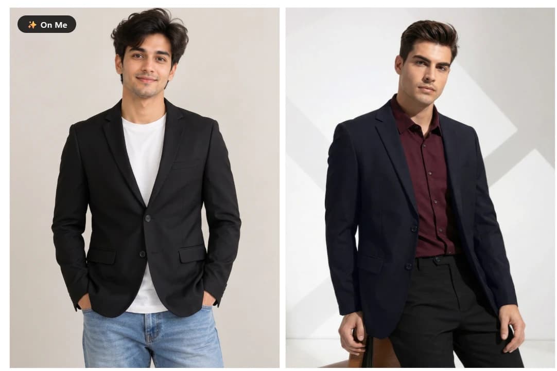 A black blazer shown on the shopper over his own t-shirt and jeans, beside the retailer's catalogue photo