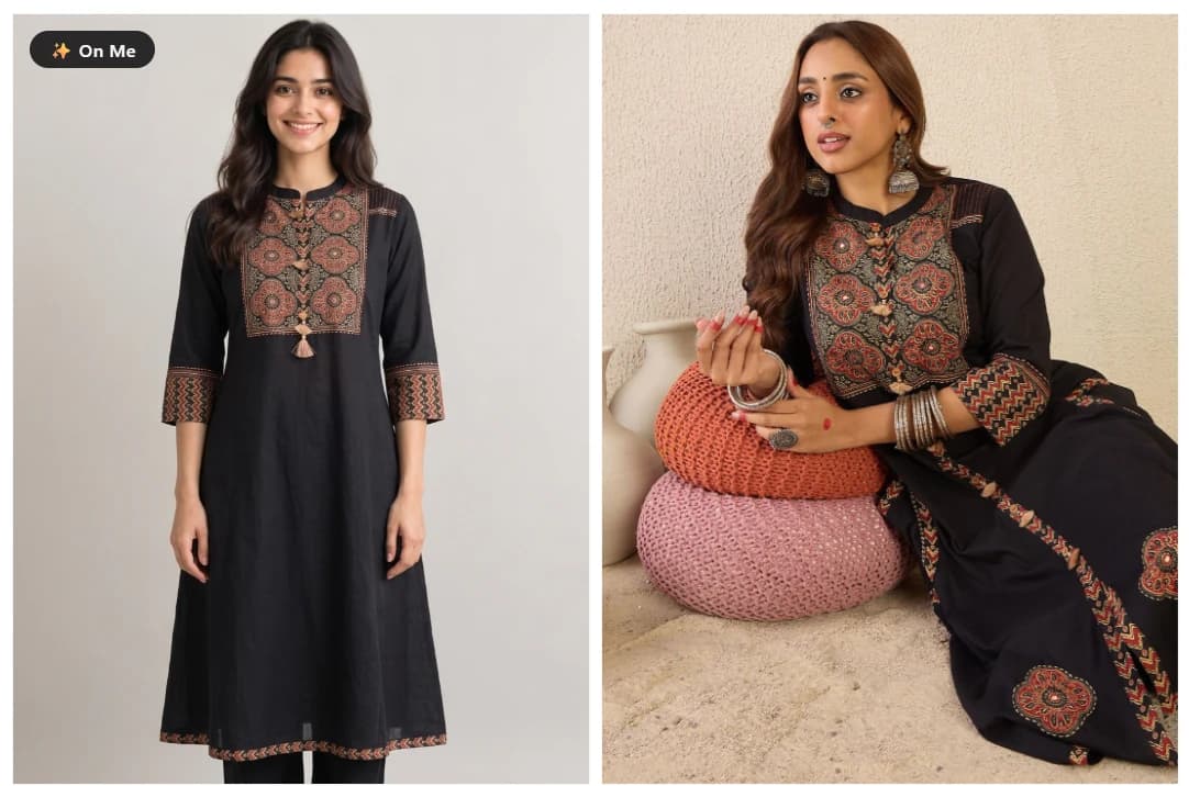 An embroidered black kurta shown on the shopper, beside the retailer's catalogue photo of the same kurta