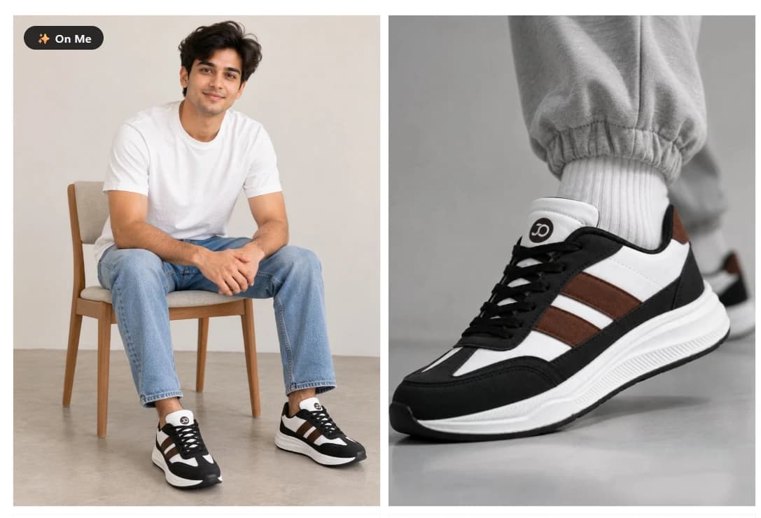 Black and white trainers shown on the shopper's feet as he sits, beside the retailer's product photo