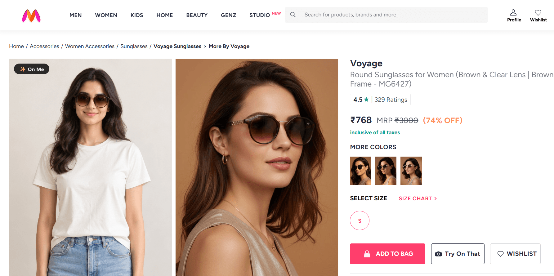 A Myntra sunglasses page with a Try On That button beside Add to Bag, and the sunglasses shown on the shopper in the product gallery